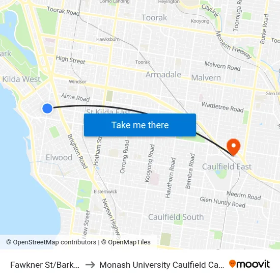 Fawkner St/Barkly St to Monash University Caulfield Campus map