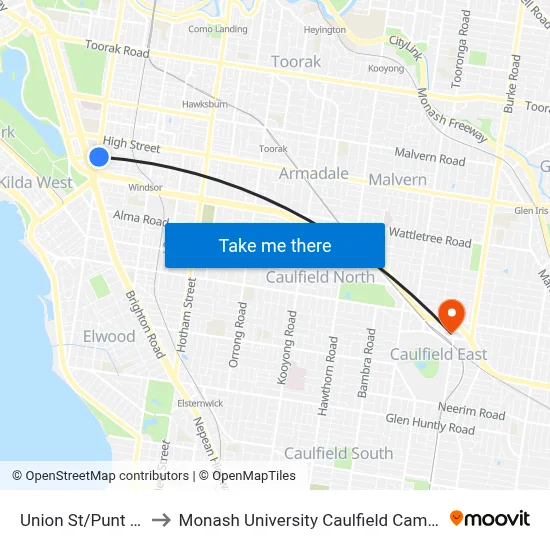 Union St/Punt Rd to Monash University Caulfield Campus map