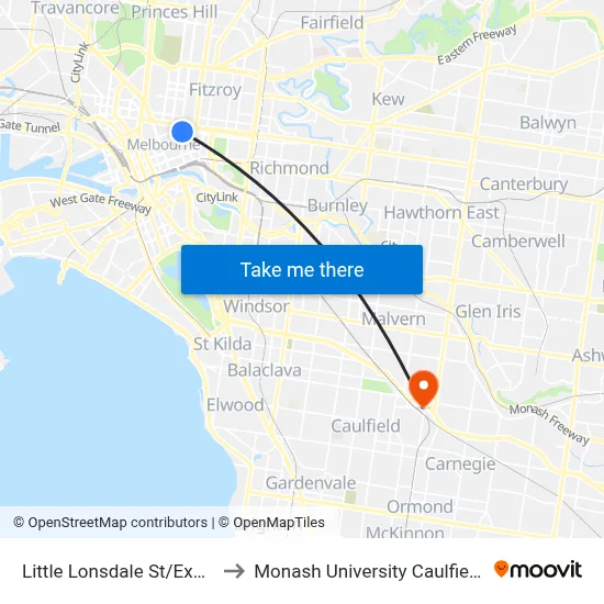 Little Lonsdale St/Exhibition St to Monash University Caulfield Campus map