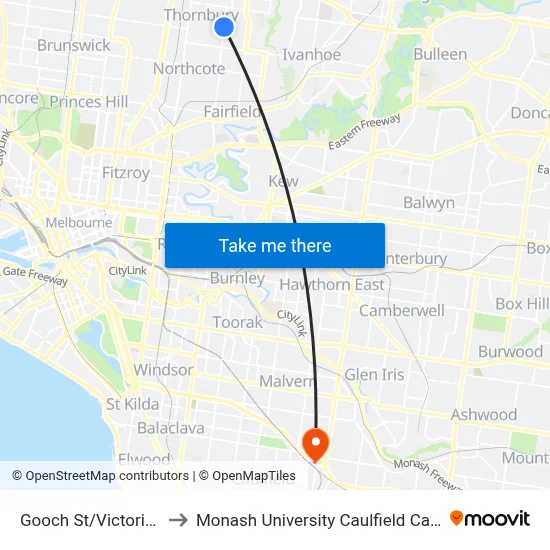 Gooch St/Victoria Rd to Monash University Caulfield Campus map