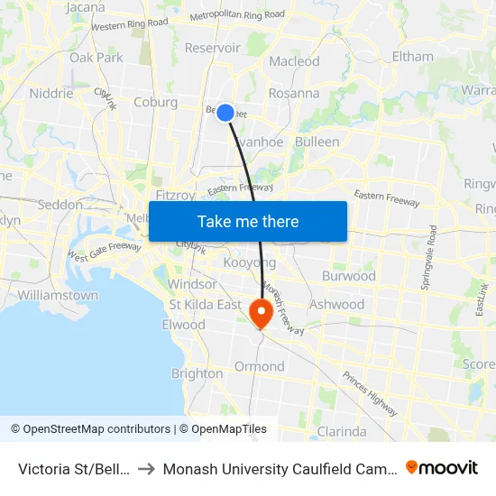Victoria St/Bell St to Monash University Caulfield Campus map