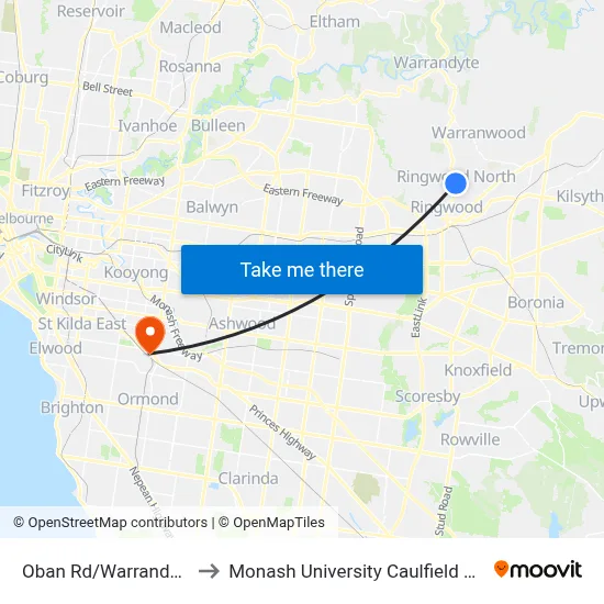 Oban Rd/Warrandyte Rd to Monash University Caulfield Campus map