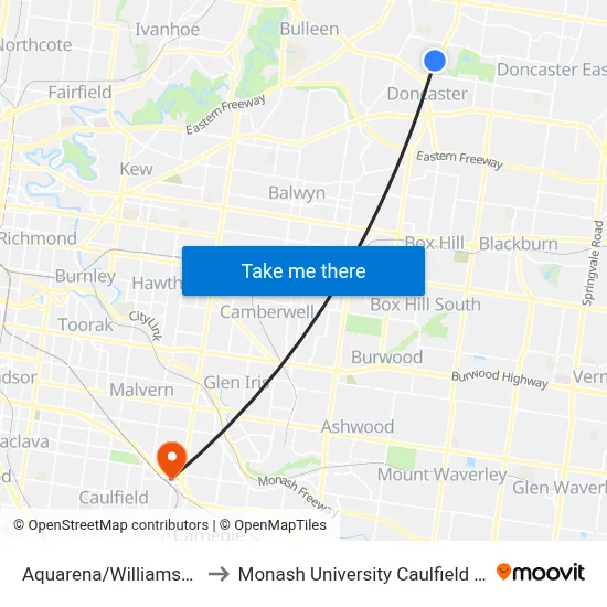 Aquarena/Williamsons Rd to Monash University Caulfield Campus map