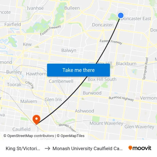 King St/Victoria St to Monash University Caulfield Campus map