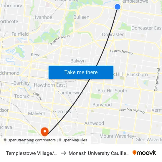 Templestowe Village/James St to Monash University Caulfield Campus map