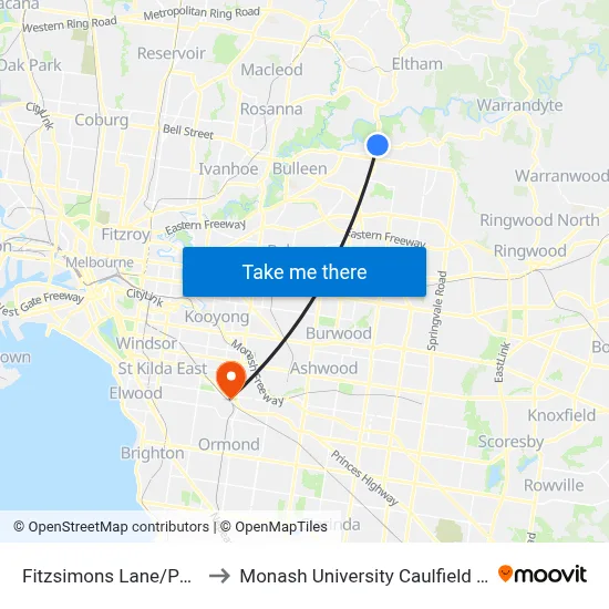Fitzsimons Lane/Porter St to Monash University Caulfield Campus map