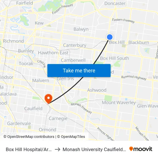 Box Hill Hospital/Arnold St to Monash University Caulfield Campus map