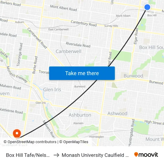 Box Hill Tafe/Nelson Rd to Monash University Caulfield Campus map