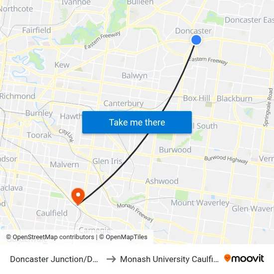 Doncaster Junction/Doncaster Rd to Monash University Caulfield Campus map