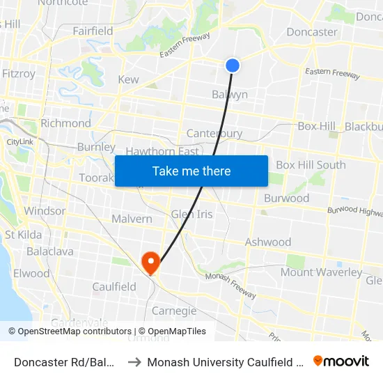 Doncaster Rd/Balwyn Rd to Monash University Caulfield Campus map