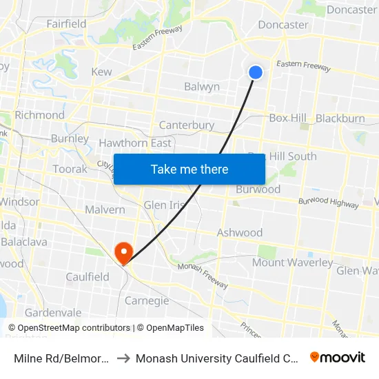 Milne Rd/Belmore Rd to Monash University Caulfield Campus map