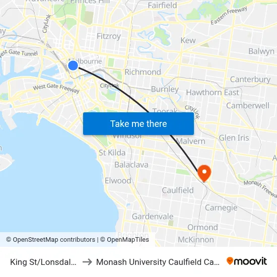 King St/Lonsdale St to Monash University Caulfield Campus map