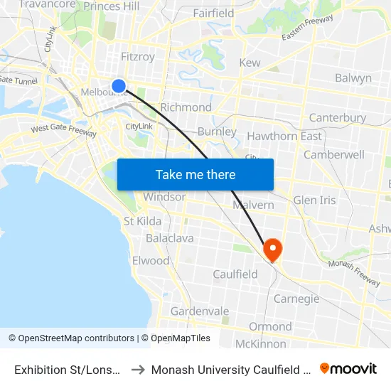 Exhibition St/Lonsdale St to Monash University Caulfield Campus map