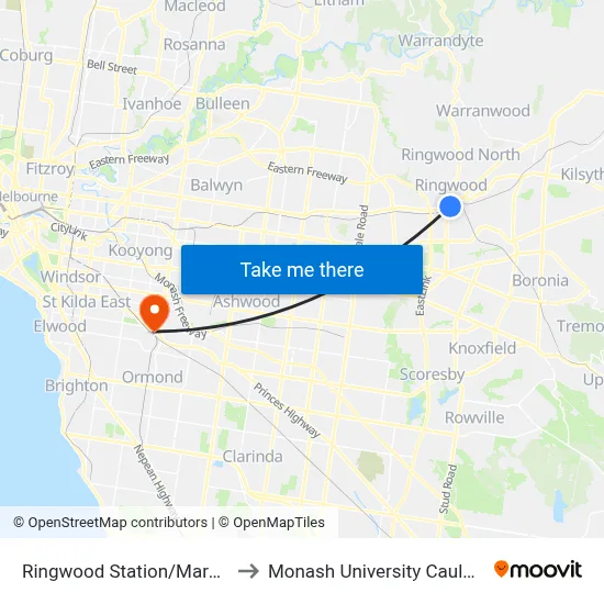 Ringwood Station/Maroondah Hwy to Monash University Caulfield Campus map