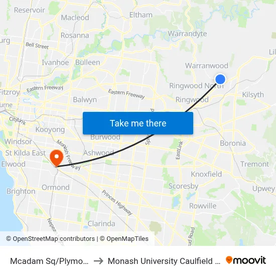 Mcadam Sq/Plymouth Rd to Monash University Caulfield Campus map