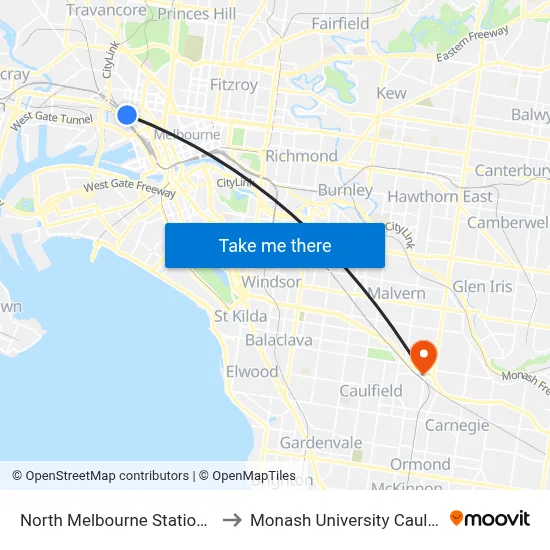 North Melbourne Station/Dryburgh St to Monash University Caulfield Campus map