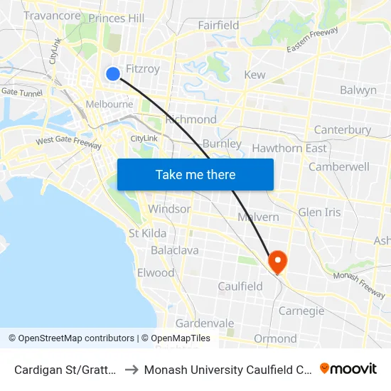 Cardigan St/Grattan St to Monash University Caulfield Campus map