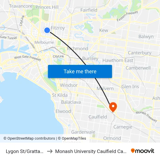 Lygon St/Grattan St to Monash University Caulfield Campus map