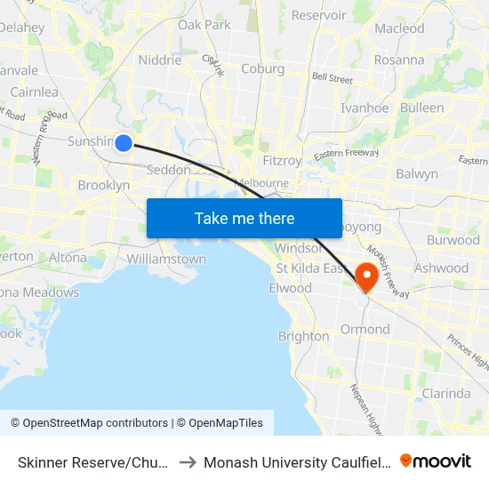 Skinner Reserve/Churchill Ave to Monash University Caulfield Campus map