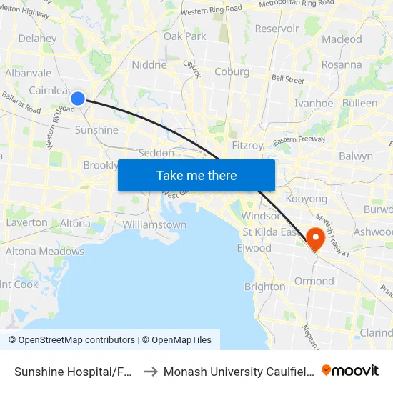 Sunshine Hospital/Furlong Rd to Monash University Caulfield Campus map
