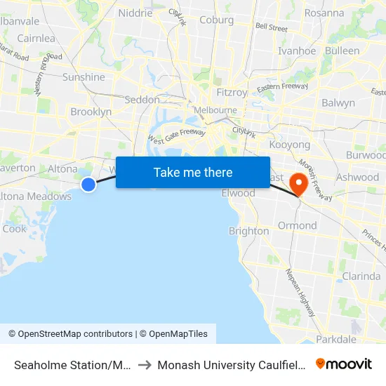 Seaholme Station/Millers Rd to Monash University Caulfield Campus map