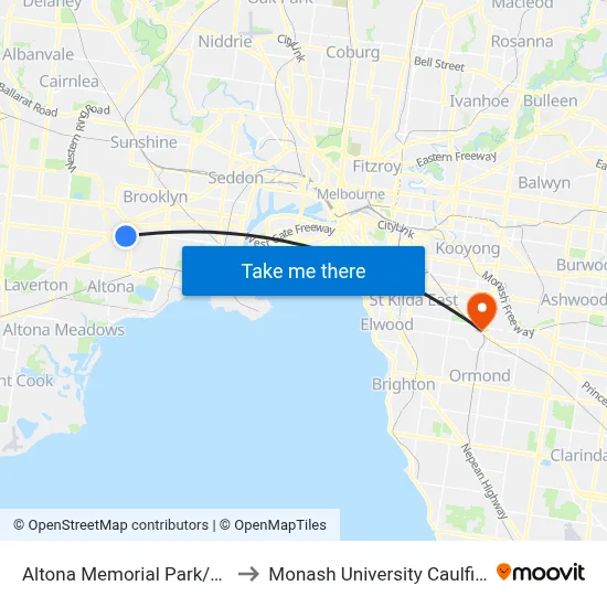 Altona Memorial Park/Dohertys Rd to Monash University Caulfield Campus map