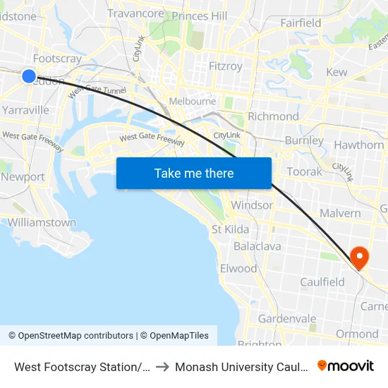 West Footscray Station/Sunshine Rd to Monash University Caulfield Campus map