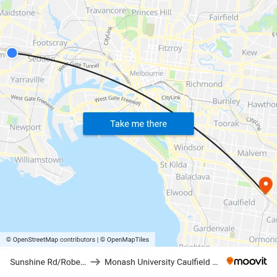 Sunshine Rd/Roberts St to Monash University Caulfield Campus map