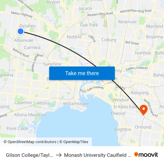 Gilson College/Taylors Rd to Monash University Caulfield Campus map