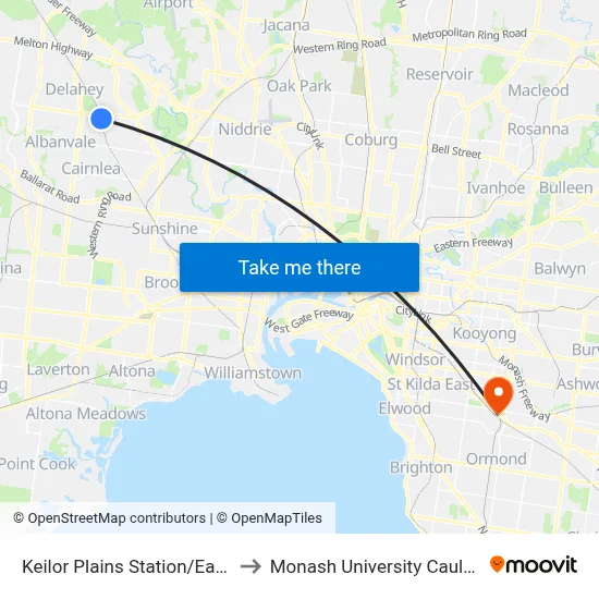 Keilor Plains Station/East Esplanade to Monash University Caulfield Campus map