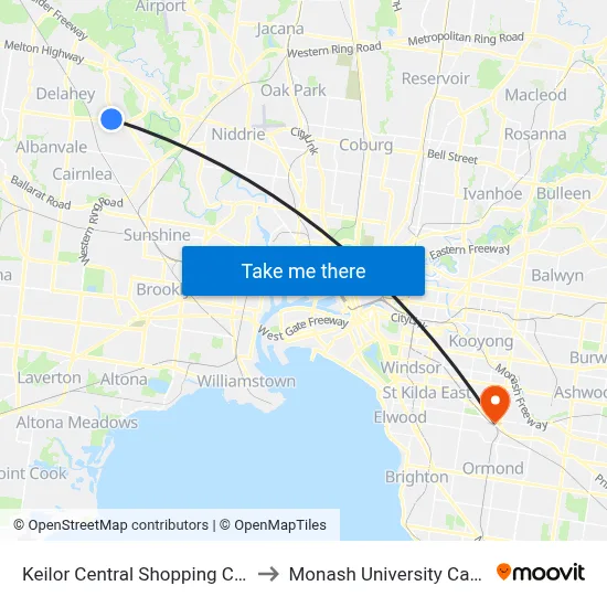 Keilor Central Shopping Centre/Taylors Rd to Monash University Caulfield Campus map