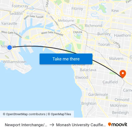 Newport Interchange/Mason St to Monash University Caulfield Campus map