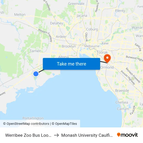 Werribee Zoo Bus Loop/Main Dr to Monash University Caulfield Campus map