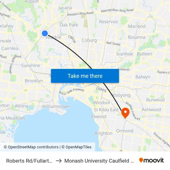 Roberts Rd/Fullarton Rd to Monash University Caulfield Campus map