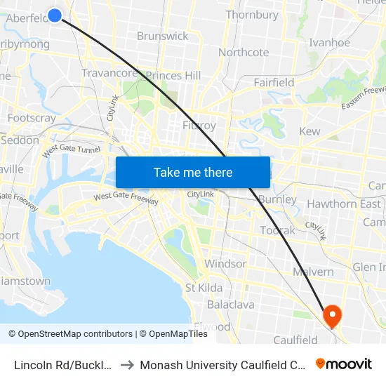 Lincoln Rd/Buckley St to Monash University Caulfield Campus map