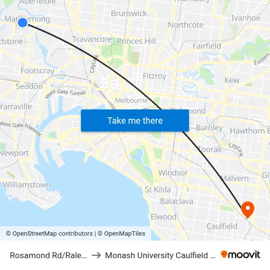 Rosamond Rd/Raleigh Rd to Monash University Caulfield Campus map
