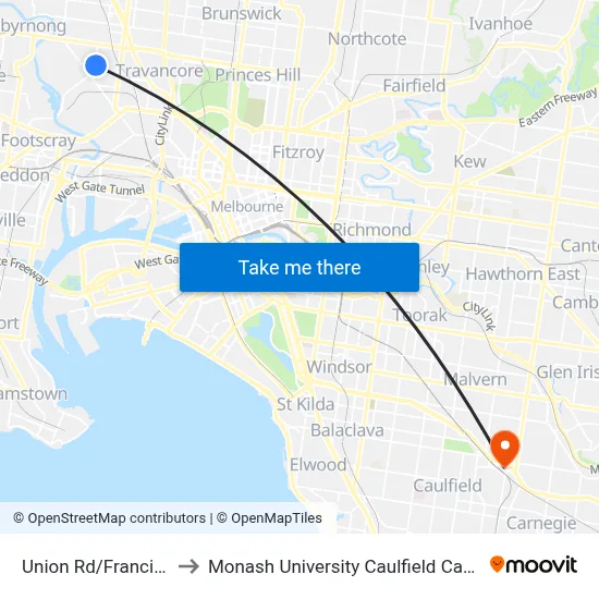 Union Rd/Francis St to Monash University Caulfield Campus map