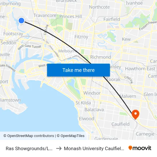 Ras Showgrounds/Langs Rd to Monash University Caulfield Campus map