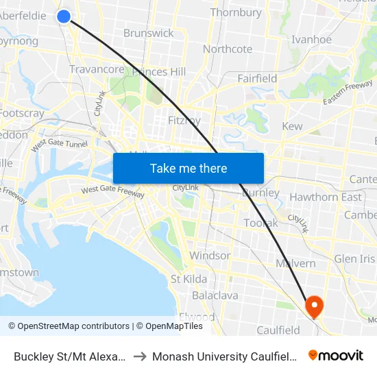 Buckley St/Mt Alexander Rd to Monash University Caulfield Campus map