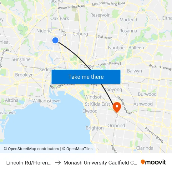 Lincoln Rd/Florence St to Monash University Caulfield Campus map