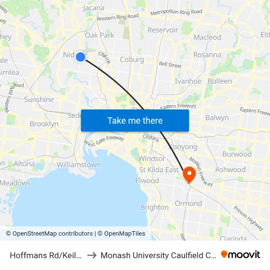 Hoffmans Rd/Keilor Rd to Monash University Caulfield Campus map