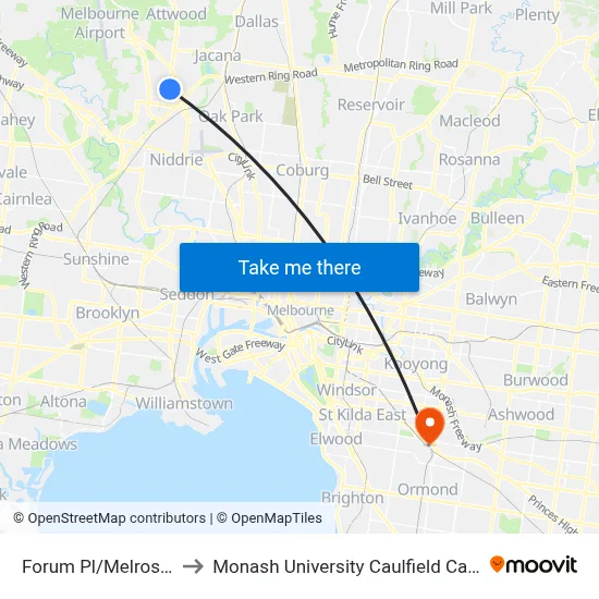 Forum Pl/Melrose Dr to Monash University Caulfield Campus map
