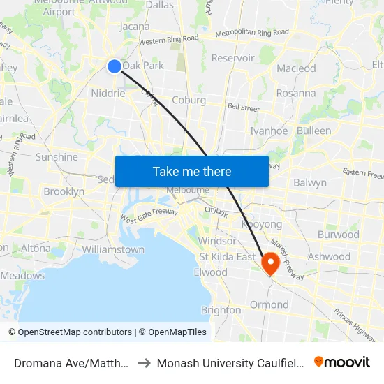Dromana Ave/Matthews Ave to Monash University Caulfield Campus map