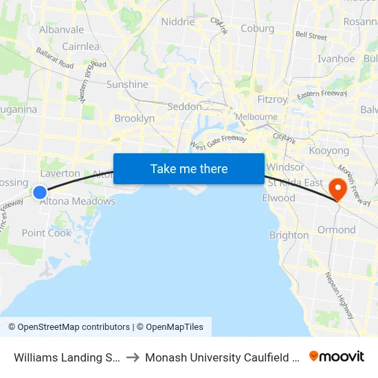 Williams Landing Station to Monash University Caulfield Campus map