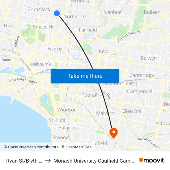 Ryan St/Blyth St to Monash University Caulfield Campus map