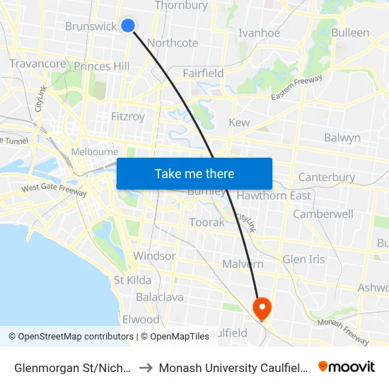 Glenmorgan St/Nicholson St to Monash University Caulfield Campus map