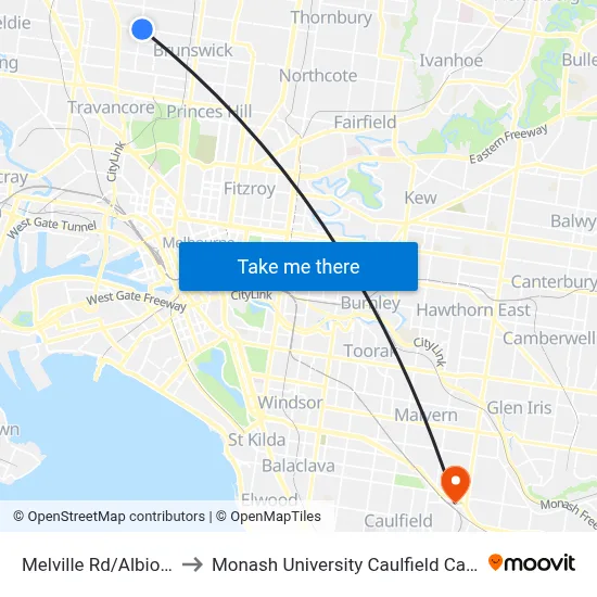 Melville Rd/Albion St to Monash University Caulfield Campus map