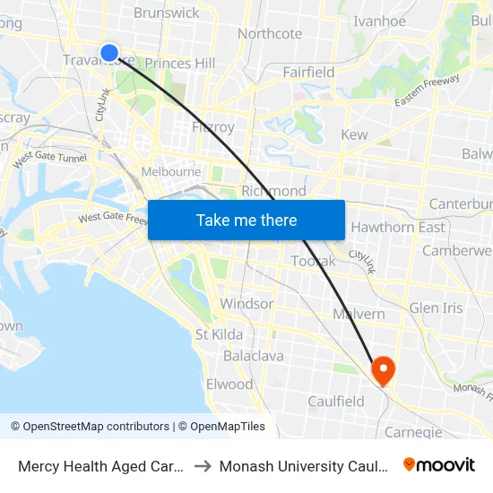 Mercy Health Aged Care/William St to Monash University Caulfield Campus map