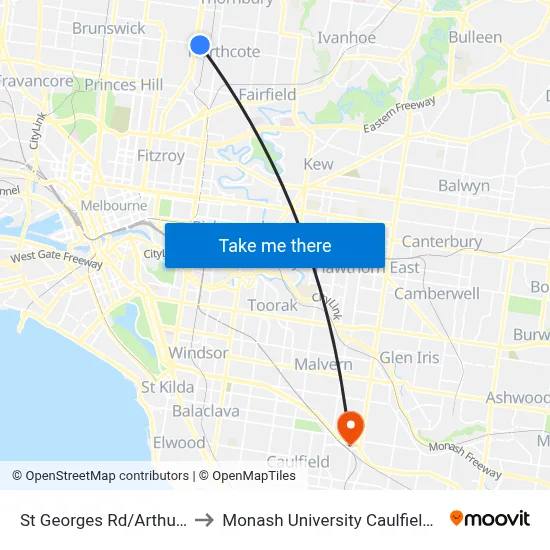 St Georges Rd/Arthurton Rd to Monash University Caulfield Campus map