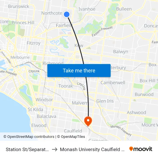 Station St/Separation St to Monash University Caulfield Campus map